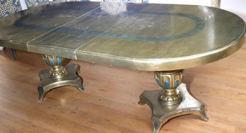 Hollywood Regency Double Pedestal Dining Table With Hand Painted Blue Leaves On Silver /gilt Top.