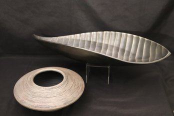 Arhaus Angle Style Vase And Long Metal Leaf Bowl.