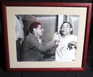 Phil Rizzuto Lighting A Cigar For Yogi Berra Autographed Framed Photograph With COA From Steiner Approx 27 X