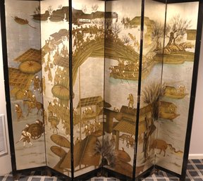 Large Vintage Asian 6 Panel Coromandel Screen With Hand Painted Characters And Village Scene