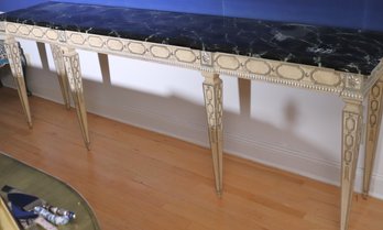 Antique Style 8Ft Long Regency Style Console With Silver Leaf Highlights And Faux Marble Top.