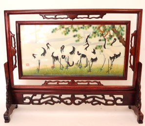 Vintage Carved Wood Chinese Screen With Double Sided Silk Embroidery