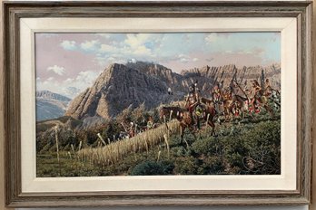 Richard Luce Painting Of Native Americans Horseback Riding In A Canyon.
