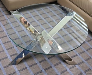 Polished Stainless Steel Star Shaped Coffee Table With Round Glass Top.
