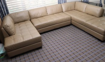 Three-piece Griege Pebble Leather Sectional With Square Double Stitch Modern Seats.