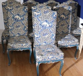 Hollywood Regency Tall Back Dining Chairs With Painted Blue Legs And Shell Motif, 7 Total.