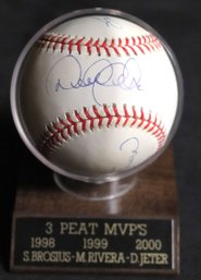 Derek Jeter, Mariano Rivera Scott Brosius 3 PEAT MVPS, 1998, 1999, 2000 Autographed Baseball With COA
