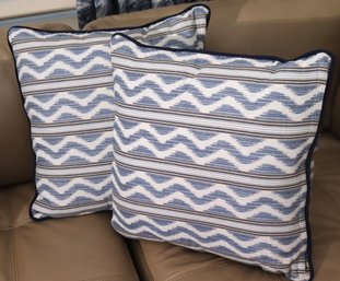 Pair Of Modern Blue And White Accent Pillows With Zigzag Design And Blue Trim.