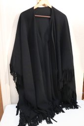 Long Black Fringed Wool Cape, Knee Length, Tailored For Many Style Size M/L