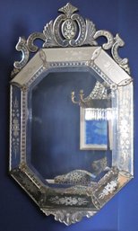 Large Antique Venetian Mirror With Elegant Etched Crown.