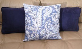 Three Accent Pillows Featuring 2 Ultra Suede Fabric, And 1 Paisley.