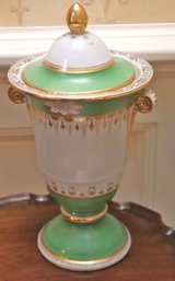 Gorgeous Vintage Green And White Porcelain Urn With Gilded Design