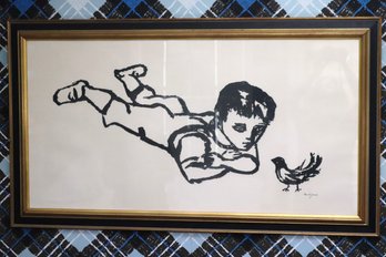 Artist Proof By Frank Kleinholz, Large Print Of Little Boy And Bird In Black Gold Frame.