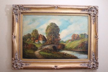 Cozy Cottage Landscape Painting Signed By The Artist Measures Approx. 46 X 36 Inches