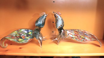 Pair Of Multicolored Art Glass Roosters With Artful Swagger And Twisted Tails