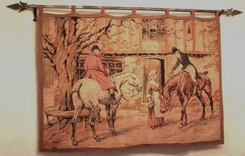 Vintage Belgian Tapestry Depicting A Victorian Equestrian Scene Includes Metal Spear Rod