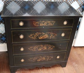 Hitchcock Furniture 4 Drawer Chest In Black With Gold Stencil Drawer Fronts And American Eagle Ceramic Pulls.