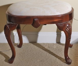 George III Style Carved Wood Oval Stool With Shell Accents And Custom Cream Toned Damask Style Fabric