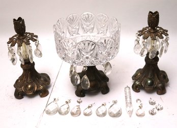Vintage Candle Garnitures & Centerpiece Bowl With Hanging Crystal Accents, Includes A Bag With Extra Crystals.