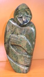 Hand Carved Green Marble Statue Of Devotional Figure Signed N. Mrewa.
