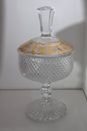 Vintage Crystal Compote Or Candy Dish With Gilt Etched Lid