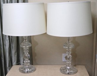 Pair Of Stylish Glass Table Lamps With Drum Shades
