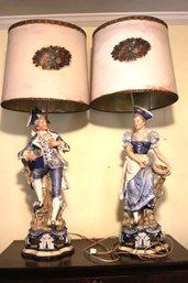 Pair Of Vintage Delft Blue & White French Figural Porcelain Lamps