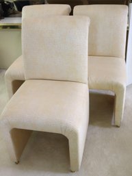 Set Of 3 MCM Waterfall Style Upholstered Dining Chairs On Casters With Tall, Rolled Backs.