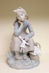 Vintage Lladro Porcelain Figurine Handmade In Spain Of A Daydreaming Young Girl With Doll