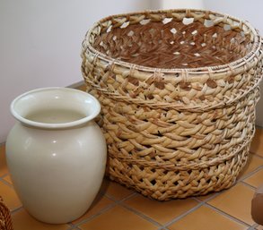 Haeger USA Tall Glazed Ceramic Vase And XL Reed Planter Basket.