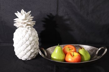 White Resin Pineapple Jar And Metal Bowl With Faux Apples And Pears.