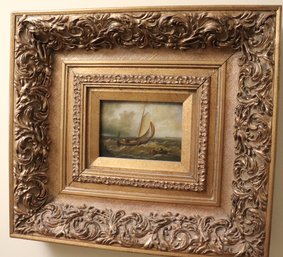 Vintage Sail Ship Painting On Board Mounted In An Ornate Carved Wood Gilded Frame