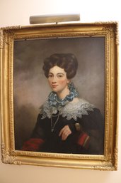 Antique Portrait Painting On Canvas Of A Sophisticated Woman In Antique Carved Wood Frame With Gilded Finish