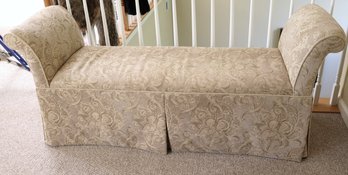 Rolled Armed Bedside Bench Upholstered In A Quality Textured Linen Style Fabric With Paisley Design And Braide