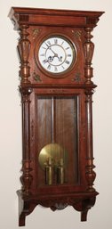 Vintage Regulator Wall Clock With Enamel Face, Brass Weights And Pendulum.