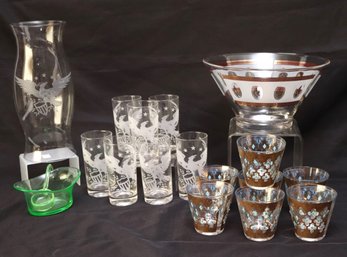 Vintage Glassware & Bowl, Etched Water Glasses With Eagle, Hurricane Candle Has Etched Glass & Uranium Glass.