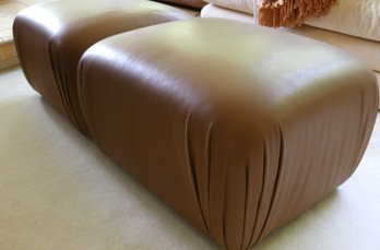 Pair Of Milo Baughman Style Tan Faux Leather Ottomans On Brass Casters