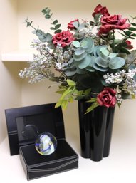 Caithness Ribbons Scotland Art Glass Paperweight, Decorative Floral Arrangement And Swing Leather Picture Fram