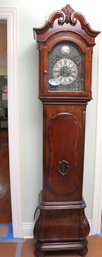 Impressive Tuscan Carved Wood Grandfather Clock With Cast Metal Face And Pendulum