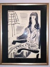Zipora Brenner Ink Drawing Of Seated Young Lady In A Modernist Approach.