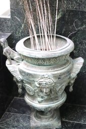 Ornate Patinated Cast Metal Greek Style Urn Planter Decor With Character Accents Sphinx, Lion, Goddess