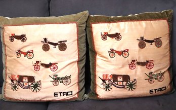 Two Throw Pillows By ETRO With Hand Stitched Silk & Velvet Borders