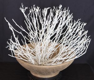 Gold Textured Centerpiece Bowl On Carved Wooden Base And Featuring White Painted Branches