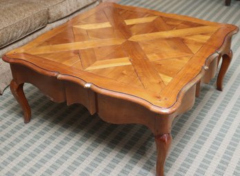 Vintage Mariolet French Pegged Wood Coffee Table With Parquet Style Top Highlighted-Gold Painted Brush Strokes