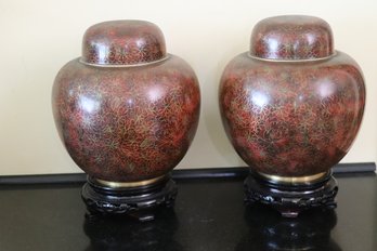 Pair Of Enameled Cloisonn Covered Urns With Partitioned Brown Flowers On Carved Wood Stands