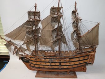 Highly Detailed Vintage Model Wood Sail Ship, Intricate Design With Sails & Cannons