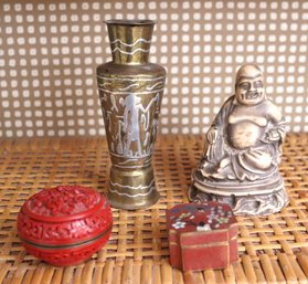 Collection Of Small Decor From Work Travels. Cinnabar Box, Cloisonn Box, Resin Buddha,