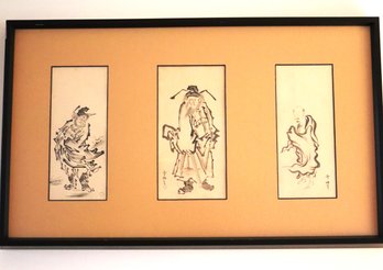 Vintage Asian Ink Drawing In Frame Of Traditional Wise Men.
