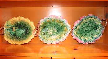Three Antique Majolica Plates - Etruscan Begonia Leaf & Oak Leaf