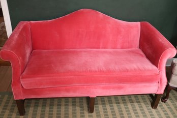 Vintage Traditional Rolled Arm Camel Back Loveseat In A Custom Pink Velvet Like Fabric